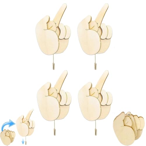 HIDRUO Funny Wooden Finger Brooch, Handmade Flippable Interactive Mood Expressing Pin, Finger Pin DIY Kit for Men Women Funny Pins for Clothes Bag (4pcs) von HIDRUO