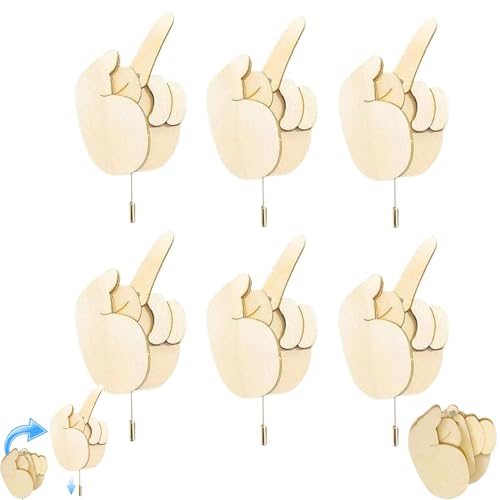HIDRUO Funny Wooden Finger Brooch, Handmade Flippable Interactive Mood Expressing Pin, Finger Pin DIY Kit for Men Women Funny Pins for Clothes Bag (6pcs) von HIDRUO