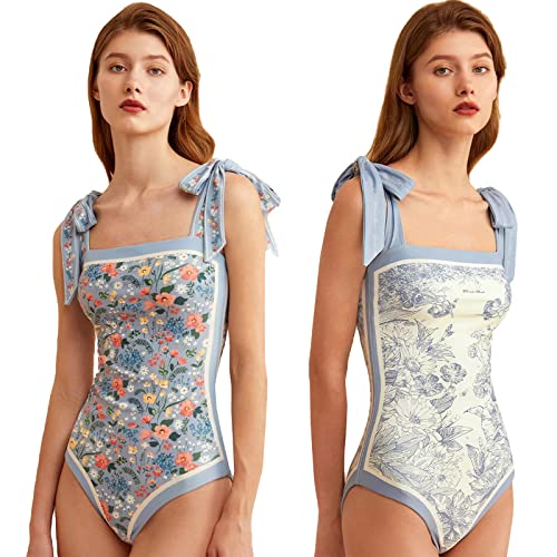 HIDRUO Women Floral One Piece Swimsuits, Square Neck Reversible Tie Shoulder Monokini, Tummy Control Bathing Suits (Blue, XL) von HIDRUO