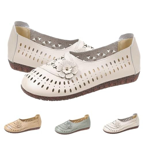 Damen Leder Weiche Sohle Rutschfeste Schuhe Bequem Casual Mode Flats Atmungsaktive Schuhe Hohle Weiche Sohle, beige, 37 EU von HIEMIT