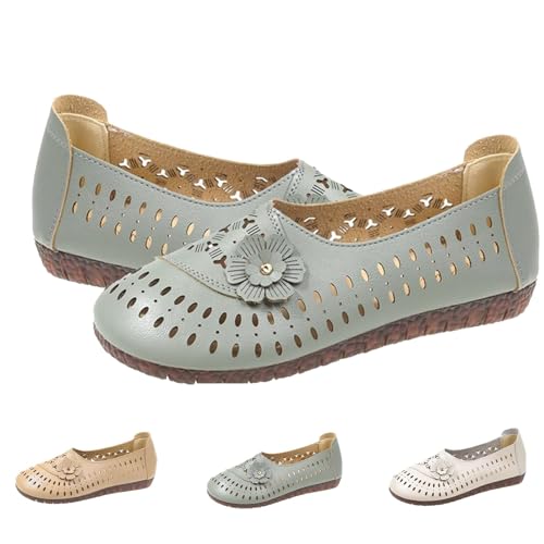 Damen Leder Weiche Sohle Rutschfeste Schuhe Bequem Casual Mode Flats Atmungsaktive Schuhe Hohle Weiche Sohle, grün, 35 EU von HIEMIT