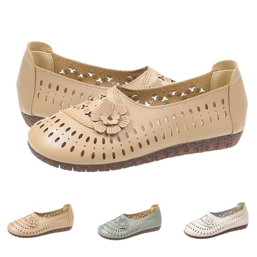 Damen Leder Weiche Sohle Rutschfeste Schuhe Bequem Casual Mode Flats Atmungsaktive Schuhe Hohle Weiche Sohle, khaki, 38 EU von HIEMIT