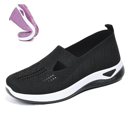 Gewebte orthopädische Damenschuhe, atmungsaktiv, weiche Sohle, freihändige Slip-In-Sneaker, Go-Walking-Slip-On-Schuhe für Frauen, Schwarz , 37 EU von HIEMIT