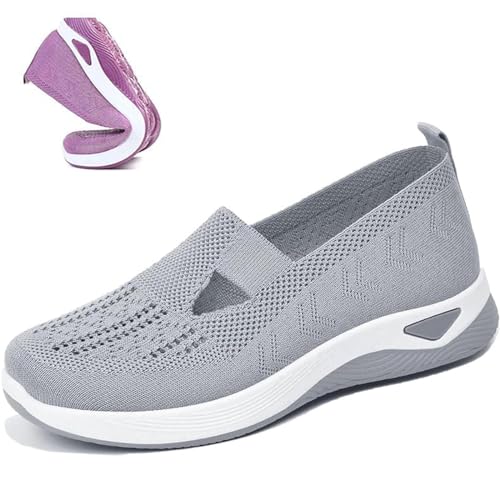 Gewebte orthopädische Damenschuhe, atmungsaktiv, weiche Sohle, freihändige Slip-In-Sneaker, Go-Walking-Slip-On-Schuhe für Frauen, grau, 38 EU von HIEMIT