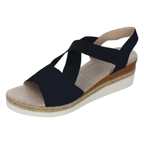 HIEMIT Bequeme Damen-Sandalen mit Keilabsatz, Sommer, flach, Keilabsatz, Fischmund, lässig, Strand, Outdoor-Schuhe, Sommer, bequeme Sandalen, Schwarz , 43 EU von HIEMIT