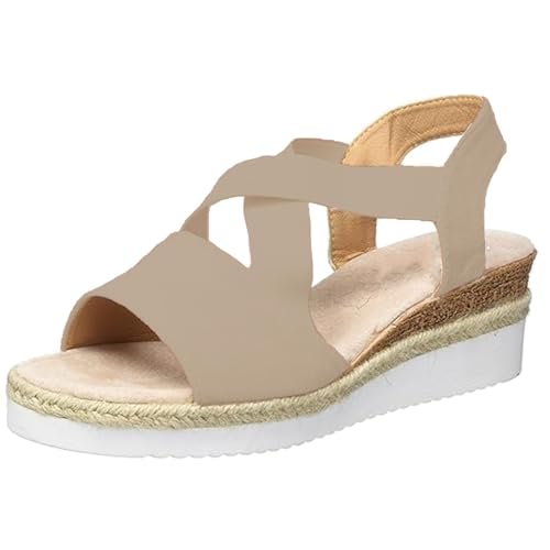 HIEMIT Bequeme Damen-Sandalen mit Keilabsatz, Sommer, flach, Keilabsatz, Fischmund, lässig, Strand, Outdoor-Schuhe, Sommer, bequeme Sandalen, beige, 39 EU von HIEMIT