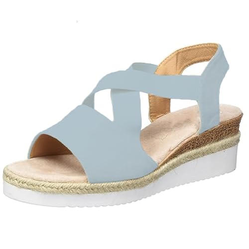 HIEMIT Bequeme Damen-Sandalen mit Keilabsatz, Sommer, flach, Keilabsatz, Fischmund, lässig, Strand, Outdoor-Schuhe, Sommer, bequeme Sandalen, blau, 37 EU von HIEMIT