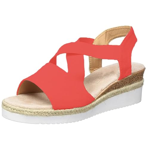 HIEMIT Bequeme Damen-Sandalen mit Keilabsatz, Sommer, flach, Keilabsatz, Fischmund, lässig, Strand, Outdoor-Schuhe, Sommer, bequeme Sandalen, rot, 38 EU von HIEMIT