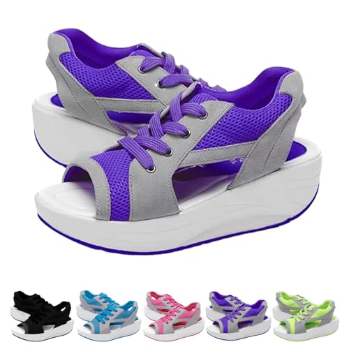 HIEMIT Muffinsandals für Damen, kontrastierende Einsätze mit Cutout-Schnürung, Muffinsandalen für Damen, lässige Sommerzehe, Plateau-Sandalen, Sneaker-Sandalen für Damen, Sommer, violett, 39 EU von HIEMIT