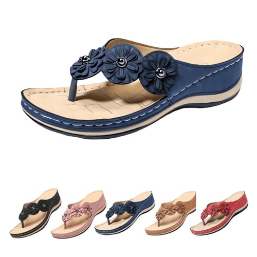 HIEMIT Orthopädische Sandalen für Damen, Fußgewölbeunterstützung, Blumen, Clip-Toe, atmungsaktiv, bequem, blau, 35 EU von HIEMIT