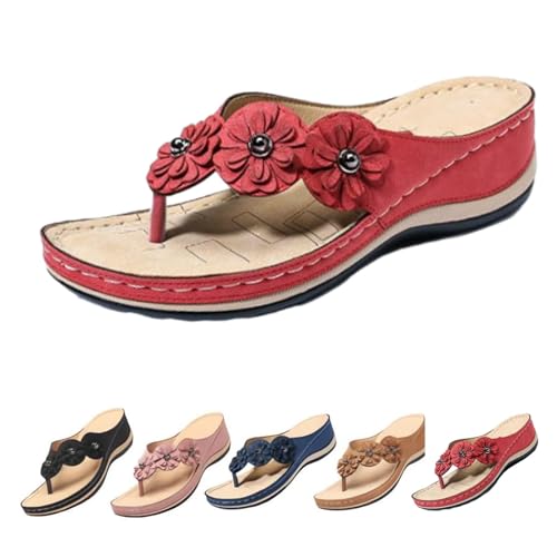 HIEMIT Orthopädische Sandalen für Damen, Fußgewölbeunterstützung, Blumen, Clip-Toe, atmungsaktiv, bequem, rot, 41 EU von HIEMIT