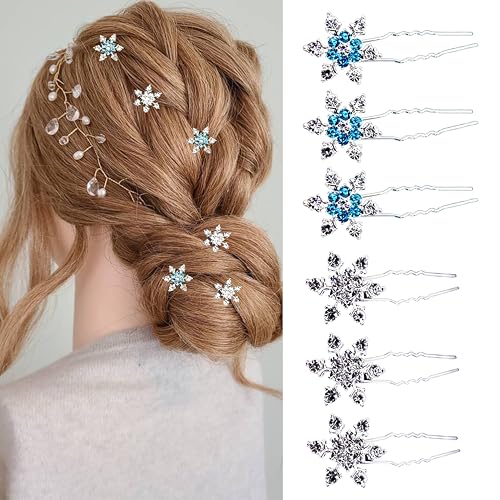 HIENAJ 6 x Weihnachts-Haarspangen für Damen und Mädchen, Kristalle, Haarnadeln, Schneeflocke, Strass, Braut, U-Form, Haarspangen (Silberblau) von HIENAJ