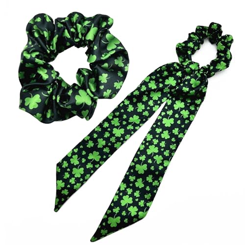 HIFANMM Grünes Kleeblatt-Haargummis für Damen und Mädchen, St. Patrick's Day, lange Schwanzbänder, Haarschmuck (Stil 3), 2 Stück von HIFANMM