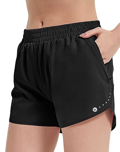 HIFEOS Laufhose Damen Kurz mit Innenslip Sporthose mit Reißverschlusstasche Sport Shorts Kurze Hose Damen Schnelltrockende Laufshorts Damen für Jogging Gym Tennishose Damen, Schwarz XL von HIFEOS