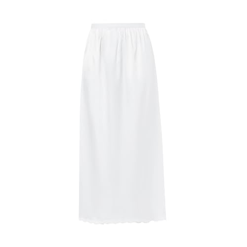 HIFFEY Damen-Maxirock aus Satin, Spitze, lang, antistatisch, elastische Taille, Innenfutter, Maxirock for Unterkleidung, Slip, einfarbige Röcke (Color : White, Size : S) von HIFFEY