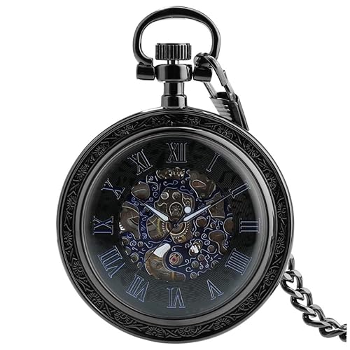 HIFFEY Gold/Silber/Schwarz, offenes Zifferblatt, transparent, mechanische Taschenuhren, Handaufzug, römische Ziffern, Anzeige, Anhänger, automatische Uhr (Color : Black) von HIFFEY