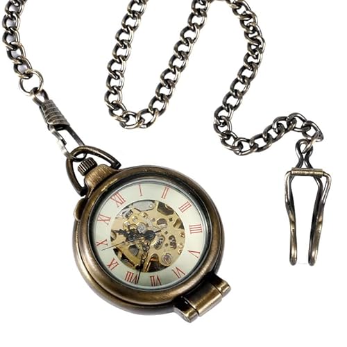 HIFFEY Mechanische Taschenuhr mit Handaufzug, 180 Grad offenes Gehäuse, transparente Glasabdeckung, römische Zahlen, Unisex-Kette von HIFFEY