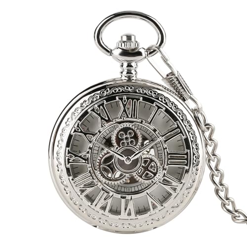 HIFFEY Rot Kupfer Hohl Zahnrad Abdeckung Handaufzug Mechanische Taschenuhr mit 30 cm Kette Skeleton Zifferblatt Männer Uhren Uhr Geschenke (Color : Silver) von HIFFEY