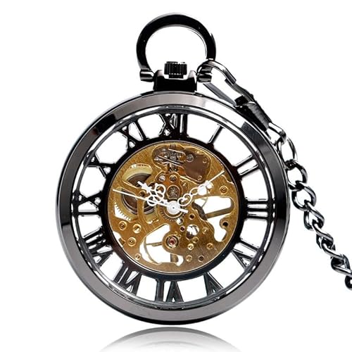 Klassische, Trendige Taschenuhr mit Handaufzug, Steampunk-Anhänger, schwarzes Gehäuse, mechanische Uhr, Herren- und Damenuhr, Fob-Kette, Geburtstag, Weihnachten, Geschenk von HIFFEY