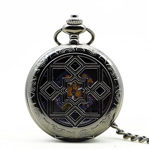 Schwarze Klassische Fenstermuster-Hohle Vintage-mechanische Taschenuhr for Herren und Damen, Steampunk-Anhänger, Kette, Handaufzug (Color : PJX1138) von HIFFEY