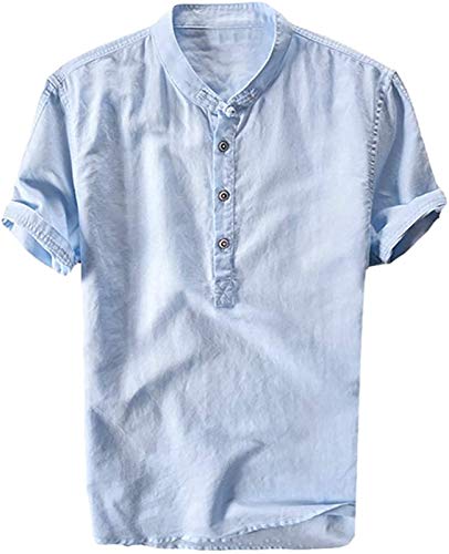 Leinenhemd Herren Kurzarm Hemd Männer Sommerhemd Regular Fit Freizeithemd Top Shirts Sommer (DE/NL/SE/PL, Alphanumerisch, 4XL, Regular, Regular, Hellblau) von HIFI7