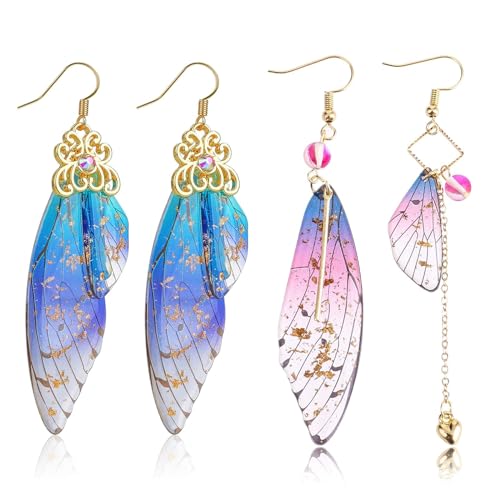 HIFOT 2 Paare Boho Schmetterling Ohrringe Hängend Damen, Vintage Fee Flügel Ohrringe Set, Gold Ohrringe Lange Stechen Schmuck Set Zubehör für Valentinstag-Geburtstags-Party-Geschenk (Rosa Blaue) von Hifot