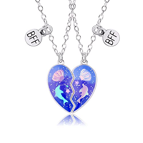 Hifot 2 Stück Halskette Damen Silber Freundschaftskette, Bff Ketten für 2 Mädchen, Kette Herz Anhänger, Blau Delfin Muschel Halskette Lang für Frauen Freundin Geschenk Personalisierter Schmuck von Hifot