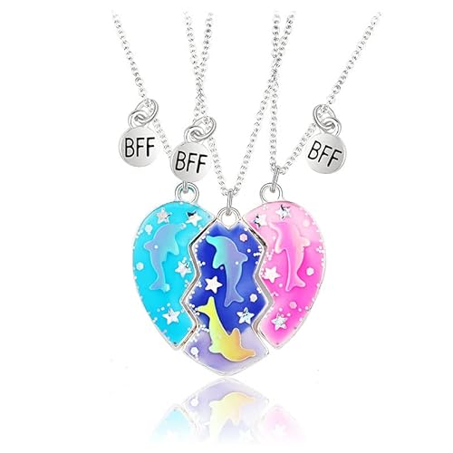 Hifot 3 Stück Halskette Damen Silber Freundschaftskette, Bff Ketten für 3 Mädchen, Kette Herz Anhänger, Delfin Sternen Halskette Lang für Frauen Freundin Geschenk Personalisierter Schmuck von Hifot