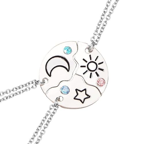 Hifot 3 Stück Halskette Damen Silber Freundschaftskette, Bff Ketten für 3 Mädchen, Kristall Kette Anhänger, Sonne Sternen Mond Halskette Lang für Frauen Freundin Geschenk Personalisierter Schmuck von Hifot