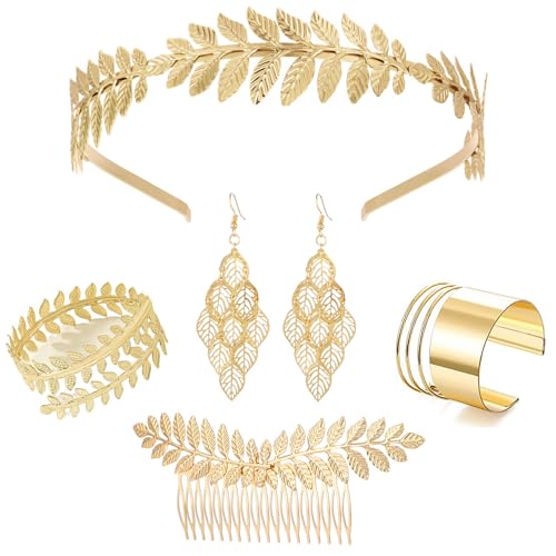 Hifot 5 Stück Griechische Göttin Kostüm Zubehör Set für Damen Haarschmuck Gold Lorbeerblatt Krone Blattgold Stirnband Arm Spule Armband Blatt Ohrringe für Braut Kopfschmuck Party Robe Cosplay Schmuck von Hifot