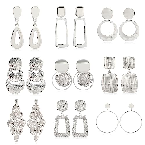 HIFOT 9 Paar Ohrclips Set Clip Ohrringe Damen, Lange Ohrringe Silber Rund, Geometrische Anhänger für Ohrringe Hängend, Schmuck ZubehöR Ohrclips für Nicht Durchbohrte von Hifot