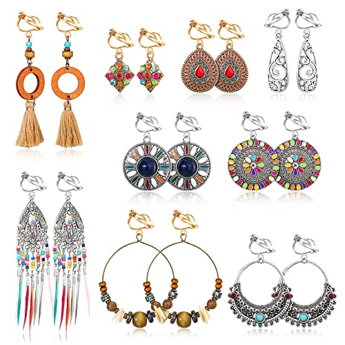 Hifot 9 Paare Boho Ohrclips für Damen Ohne Ohrlöcher, Silber Gold Ohrringe Quasten, Geometrisch Anhänger für Ohrringe, Schmuck Zubehör Ohrclips Mädchen für Nicht Durchbohrte von Hifot