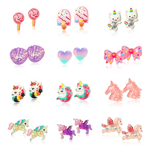 HIFOT Clip Ohrringe für Mädchen 12 Paar, Niedliches Einhorn Ohrclips Set Prinzessin Ohrringe Schmuck Geschenk Partyzubehör von Hifot