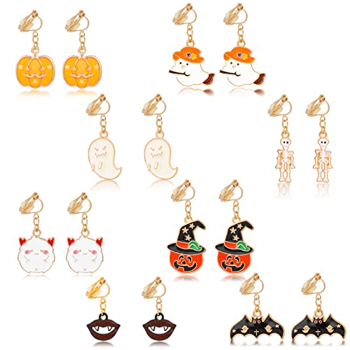 Hifot 8 Paar Halloween Clip Ohrringe Mädchen Damen, Kürbis Geist Spinne Schädel Festliche Atmosphäre Ohrclips Schmuck Zubehör, Halloween Thema Pretend Play Dress up Ohrringe von Hifot