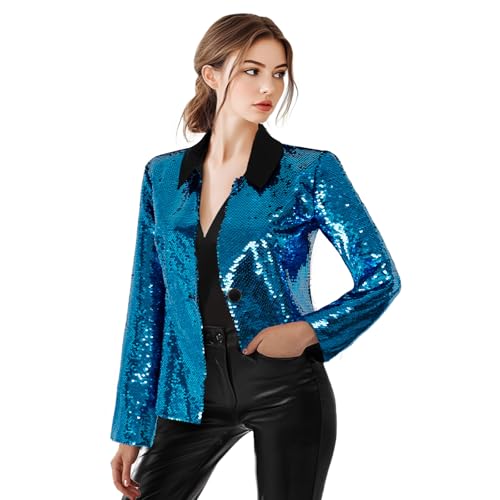 HIGAKI Damen-Paillettenjacken, lange Ärmel, Einzelknopf, lässig, glitzernd, mit Tasche, Z3830bu, XL HIGAKI Damen-Paillettenjacken, lange Ärmel, Einzelknopf, lässig, glitzernd, mit Tasche, Z3830bu, XL von HIGAKI