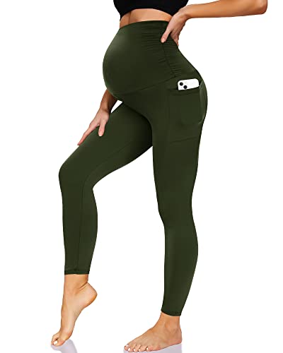 HIGHDAYS Damen Schwangerschaft Workout Leggings über dem Bauch Schwangerschaft Stretch Yoga Active Hose mit Taschen, oliv mit Taschen, X-Groß von HIGHDAYS