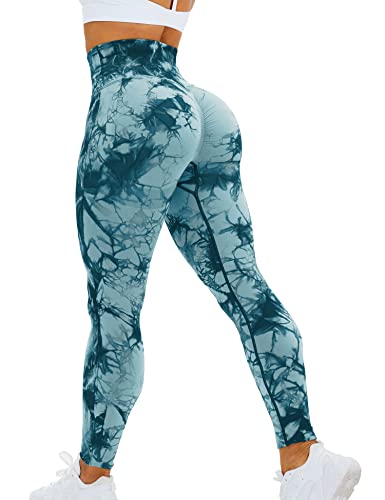 HIGORUN Tie Dye Workout Nahtlose Leggings für Frauen Hohe Taille Fitnessstudio Leggings Yogahose, #0 Cyanblau, Groß von HIGORUN