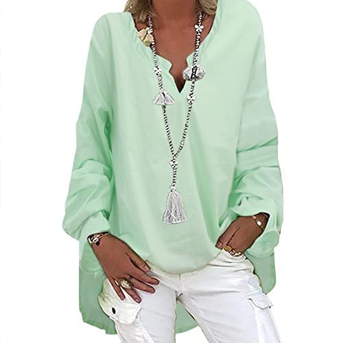 Damen Baumwolle Leinen Bluse V-Ausschnitt Oversize Tshirt Tunika Shirt Langarm Vintage T-Shirt Locker Blusenshirt Große Größen Pullover Tops Longbluse Hemd von HIGOU