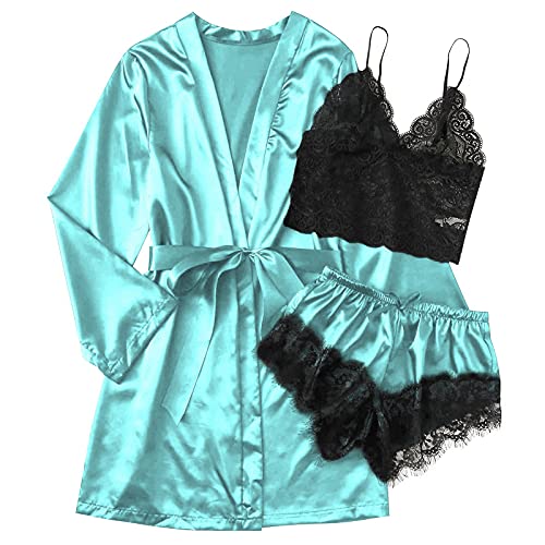 Damen Nachtwäsche 3 teiliges Satin Seide Pyjamas Set Frauen Nachthemd Dessous Unterwäsche Elegante Spitzen Vest Robes Top and Shorts Loungewear Home Anzug (1-Blue,L) von HIGOU