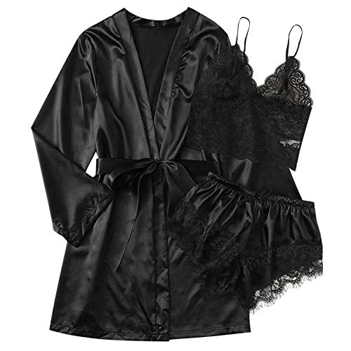 Damen Nachtwäsche 3 teiliges Satin Seide Pyjamas Set Frauen Nachthemd Dessous Unterwäsche Elegante Spitzen Vest Robes Top and Shorts Loungewear Home Anzug (2-Black,S) von HIGOU