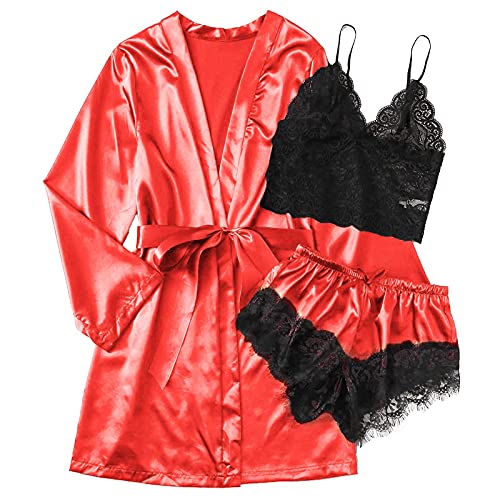 Damen Nachtwäsche 3 teiliges Satin Seide Pyjamas Set Frauen Nachthemd Dessous Unterwäsche Elegante Spitzen Vest Robes Top and Shorts Loungewear Home Anzug (2-Red,M) von HIGOU