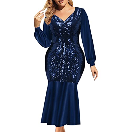 Damen Vintage Cocktailkleider Elegant Partykleid Frauen reizvoller Herbst Langarm Rundausschnitt unregelmäßige Spitze lockeres Kleid Plus Größe Maxi-Kleider Brautgast Damen Kleider Große Größe von HIGOU