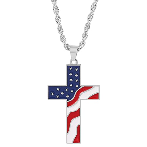 Halskette für Damen Herren Modeschmuck Geschenke aus Stahl amerikanisches USA-Flaggenkreuz-religiöse Anhänger Halsketten-Kette für Männer Ketten Für Damen Silber von HIGOU