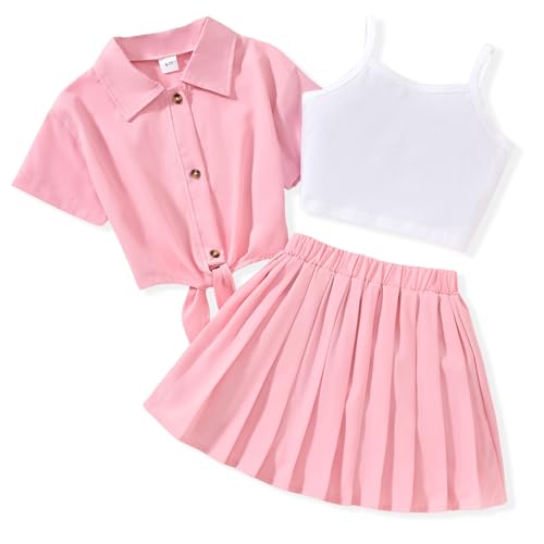 HIHA Mädchen 3-teiliges Outfit Cami Crop Tops Rock Set mit Button-Down-Shirts Größe 6-12, Pink, 11-12 Jahre von HIHA