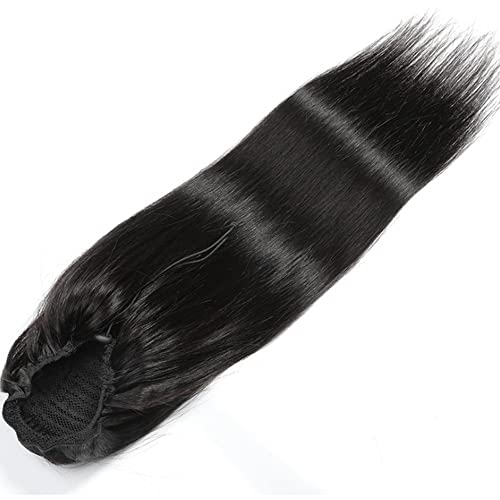 HIHELO 8-24 Zoll Pferdeschwanz Echthaarverlängerungen glattes Haar mit Kordelzug Haarscheiben Frauen schwarzer Pferdeschwanz Haarknoten (Color : Straight, Size : 22 inch) von HIHELO