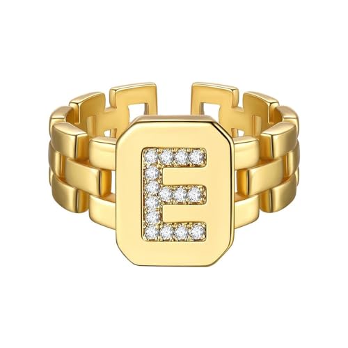 HIJONES Anfangsbuchstaben Ring mit Diamant für Damen Einstellbare Stapelbar Alphabet Offene Ringe Band Gold E von HIJONES