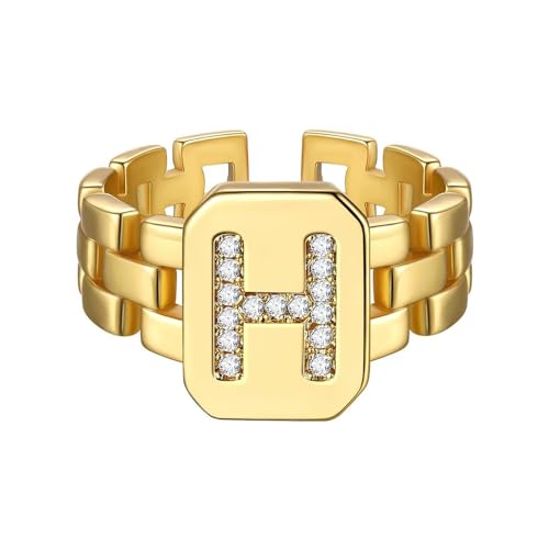 HIJONES Anfangsbuchstaben Ring mit Diamant für Damen Einstellbare Stapelbar Alphabet Offene Ringe Band Gold H von HIJONES