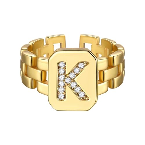 HIJONES Anfangsbuchstaben Ring mit Diamant für Damen Einstellbare Stapelbar Alphabet Offene Ringe Band Gold K von HIJONES