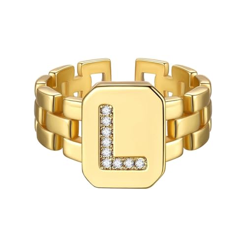 HIJONES Anfangsbuchstaben Ring mit Diamant für Damen Einstellbare Stapelbar Alphabet Offene Ringe Band Gold L von HIJONES