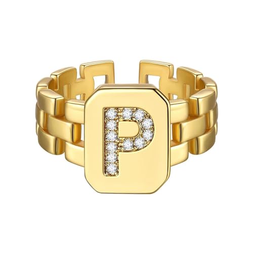 HIJONES Anfangsbuchstaben Ring mit Diamant für Damen Einstellbare Stapelbar Alphabet Offene Ringe Band Gold P von HIJONES